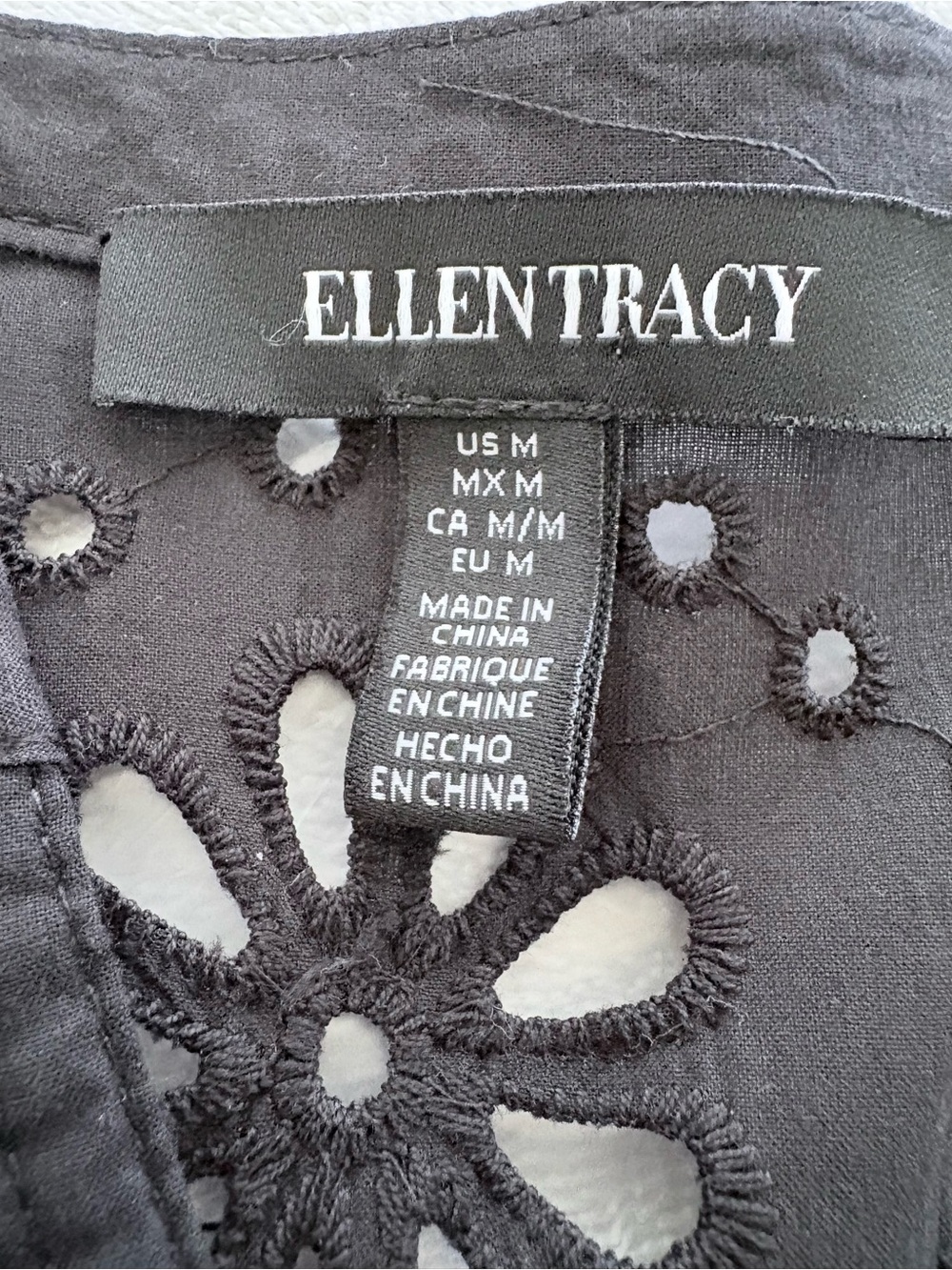 Ellen Tracy Black Eyelet Button-V Front Puffed Sleeve Boho Whimsigoth Dress Sz M - Picture 13 of 15